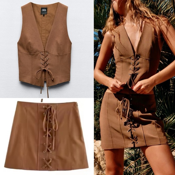 Zara Dresses & Skirts - Zara NWT 2 piece matching set, brown / tan lace up tie vest & skirt set